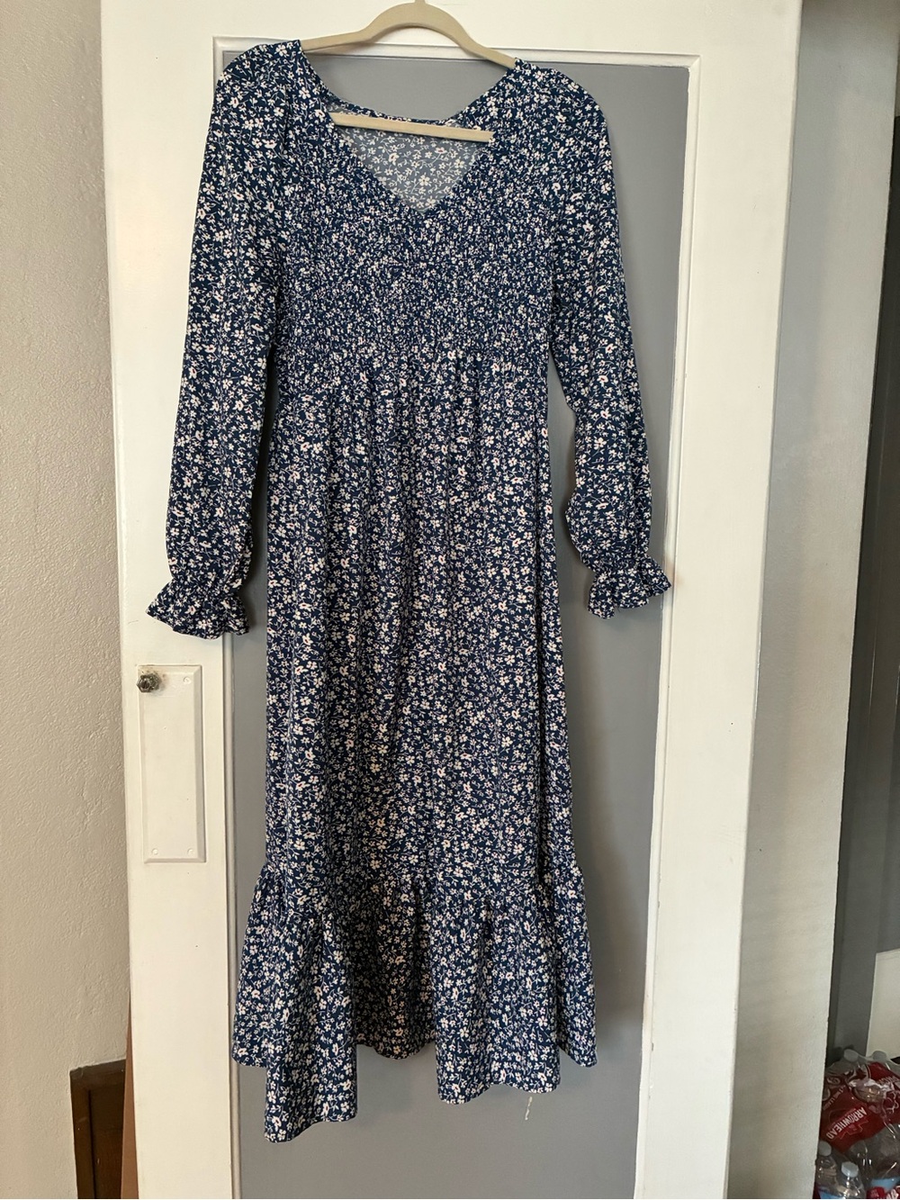 Blue Red Ditsy Floral V Neck Smocked Waist Ruffle Elastic Cuff Midi Dress